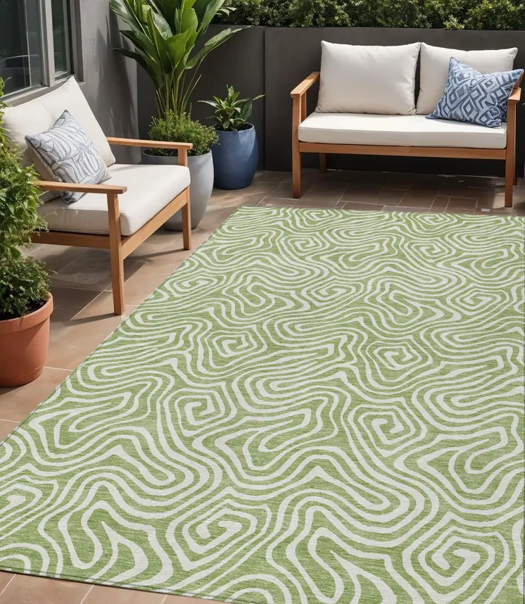 5' X 8' Artichoke Green And Ivory Abstract Washable Indoor Outdoor Area Rug