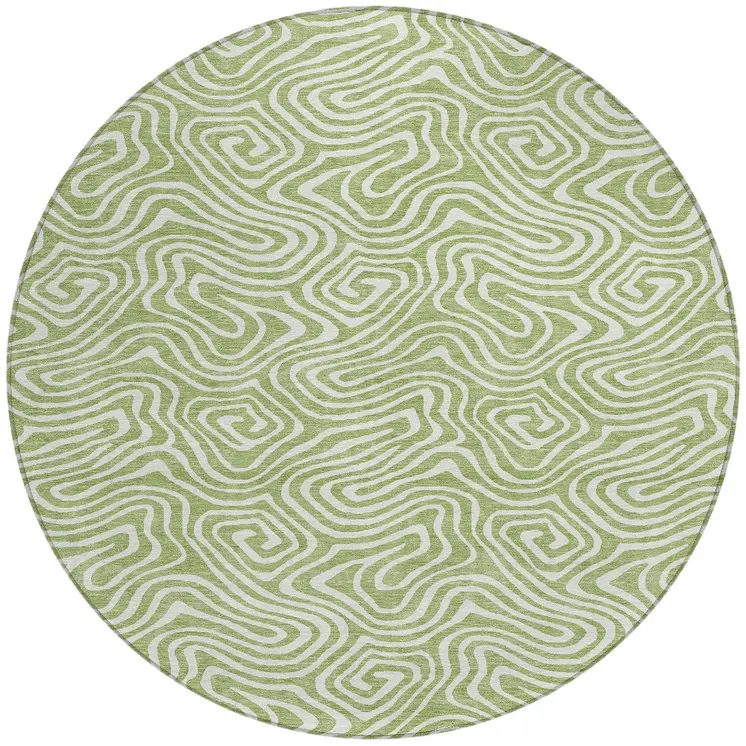 8' Artichoke Green And Ivory Round Abstract Washable Indoor Outdoor Area Rug