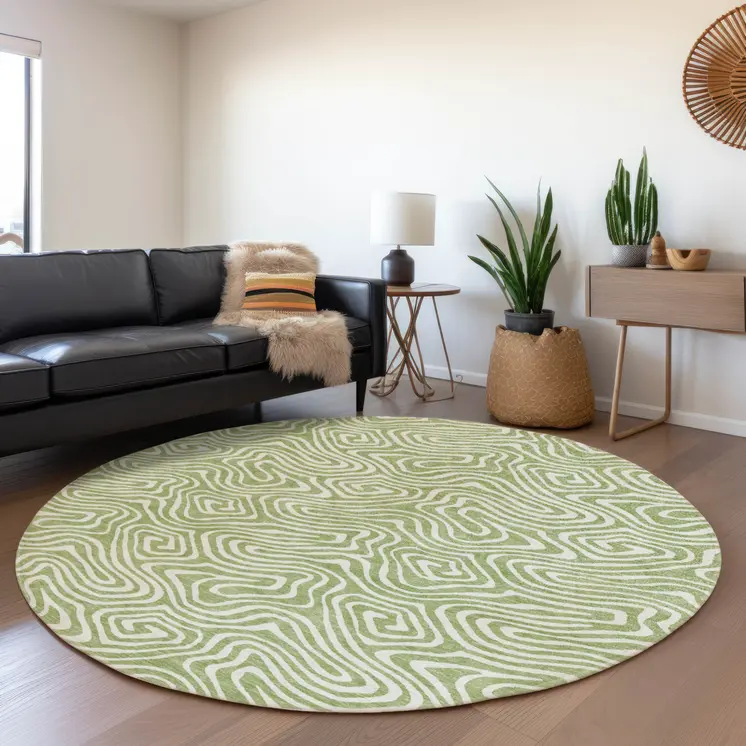 8' Artichoke Green And Ivory Round Abstract Washable Indoor Outdoor Area Rug