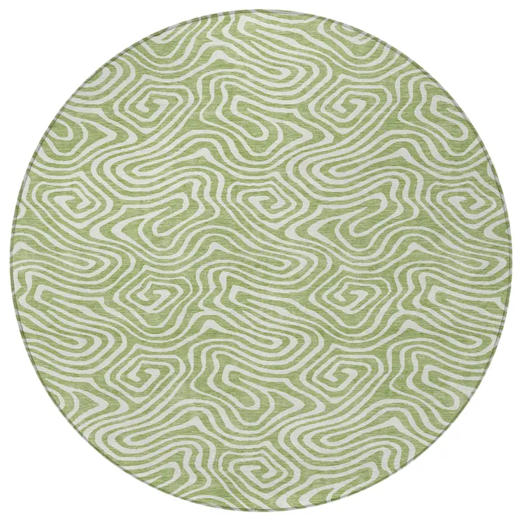 8' Artichoke Green And Ivory Round Abstract Washable Indoor Outdoor Area Rug