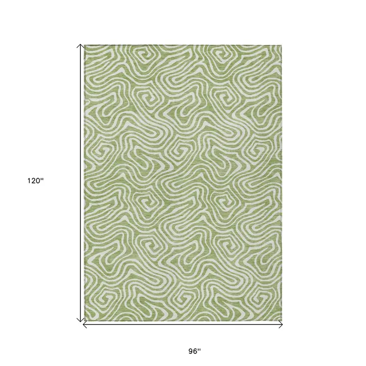 8' X 10' Artichoke Green And Ivory Abstract Washable Indoor Outdoor Area Rug