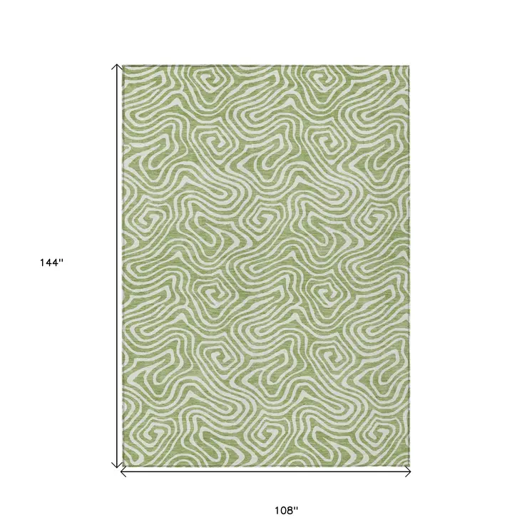 9' X 12' Artichoke Green And Ivory Abstract Washable Indoor Outdoor Area Rug