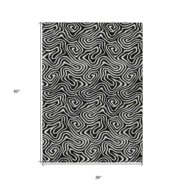 3' X 5' Black And Ivory Abstract Washable Indoor Outdoor Area Rug