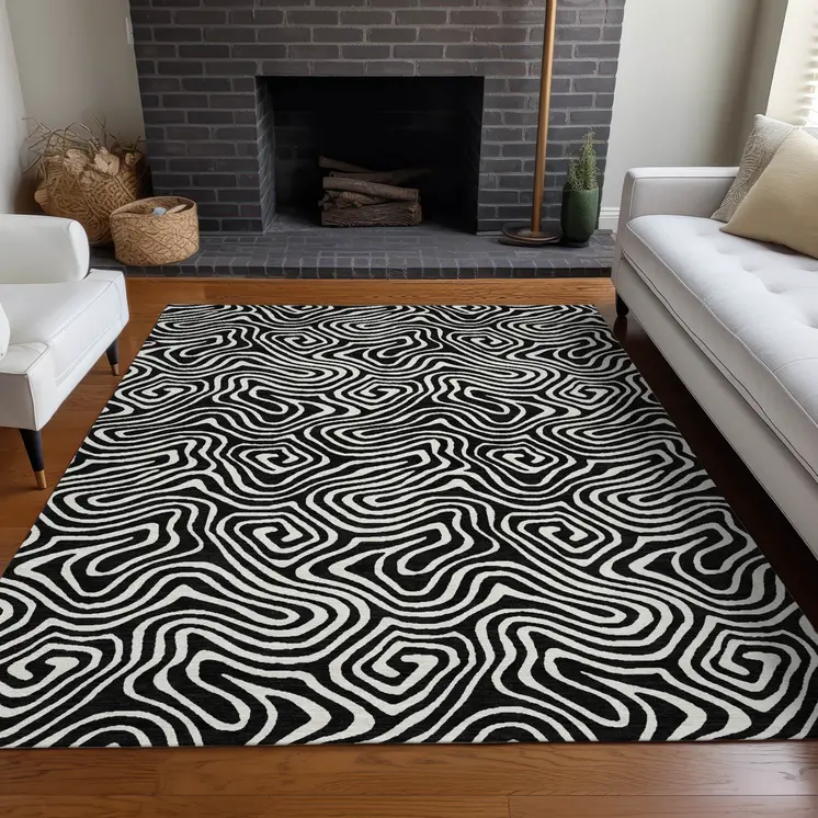 5' X 8' Black And Ivory Abstract Washable Indoor Outdoor Area Rug