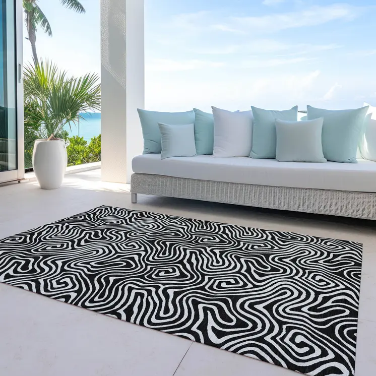 5' X 8' Black And Ivory Abstract Washable Indoor Outdoor Area Rug