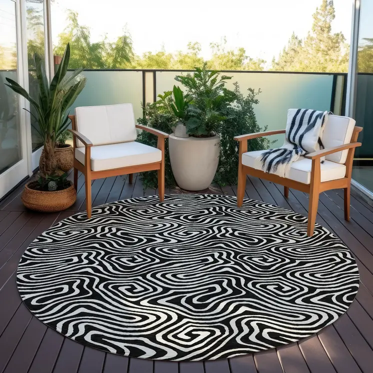 8' Black And Ivory Round Abstract Washable Indoor Outdoor Area Rug