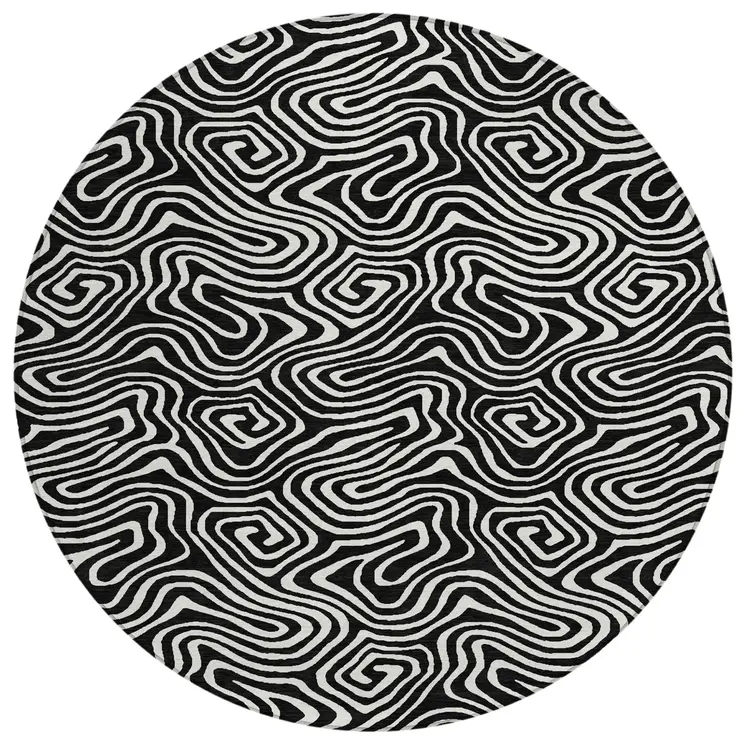 8' Black And Ivory Round Abstract Washable Indoor Outdoor Area Rug