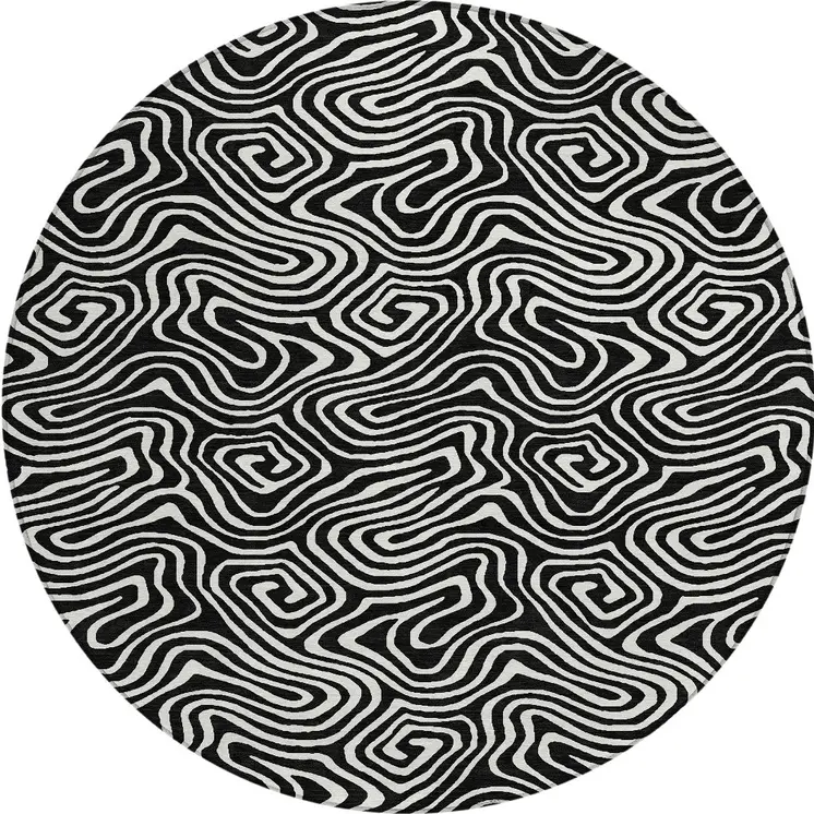 8' Black And Ivory Round Abstract Washable Indoor Outdoor Area Rug