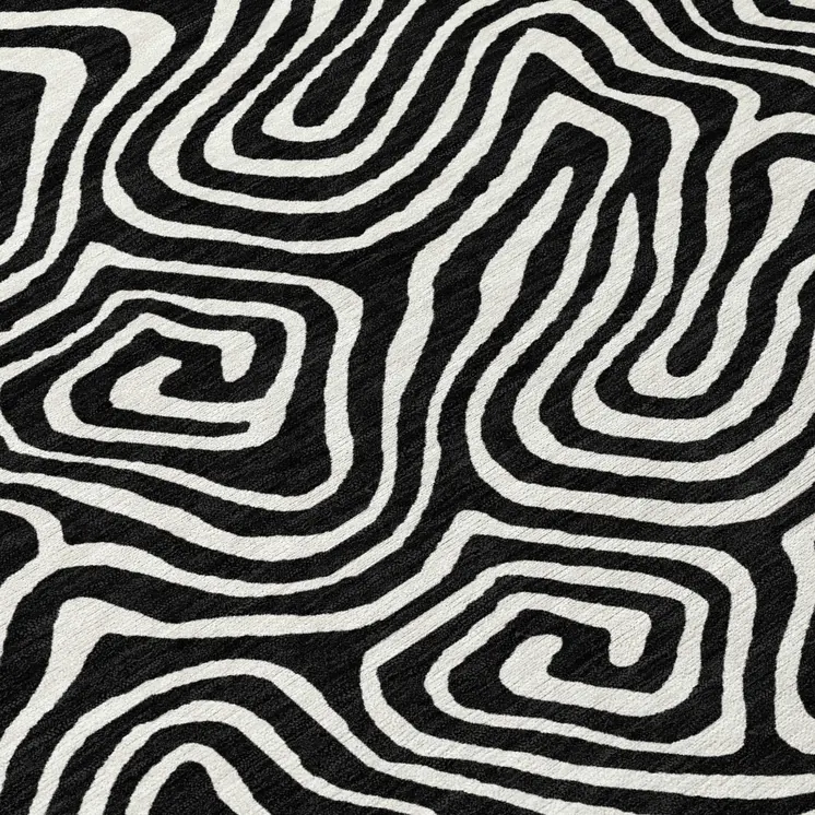 8' Black And Ivory Round Abstract Washable Indoor Outdoor Area Rug