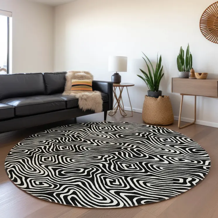 8' Black And Ivory Round Abstract Washable Indoor Outdoor Area Rug