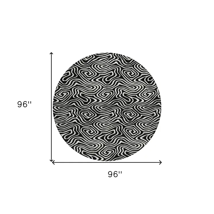 8' Black And Ivory Round Abstract Washable Indoor Outdoor Area Rug