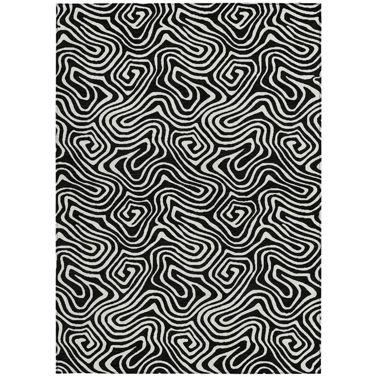 8' X 10' Black And Ivory Abstract Washable Indoor Outdoor Area Rug