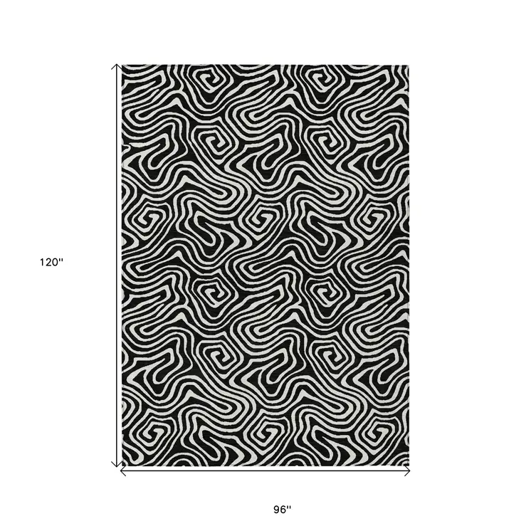 8' X 10' Black And Ivory Abstract Washable Indoor Outdoor Area Rug