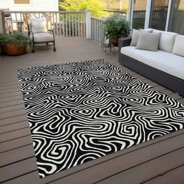 10' X 14' Black And Ivory Abstract Washable Indoor Outdoor Area Rug