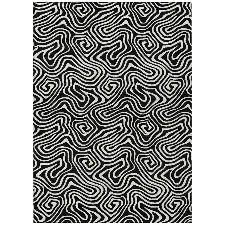 10' X 14' Black And Ivory Abstract Washable Indoor Outdoor Area Rug