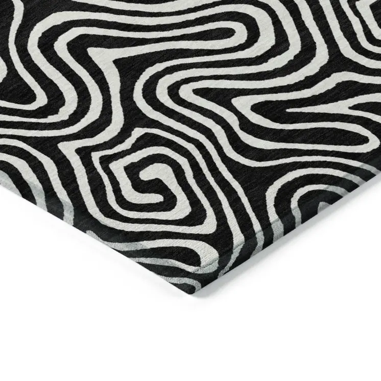 10' X 14' Black And Ivory Abstract Washable Indoor Outdoor Area Rug