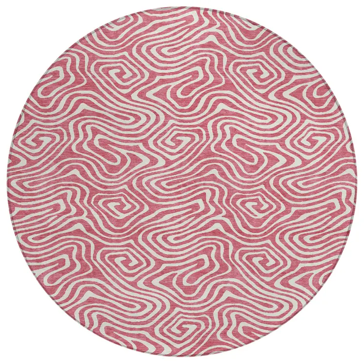 8' Blush And Ivory Round Abstract Washable Indoor Outdoor Area Rug