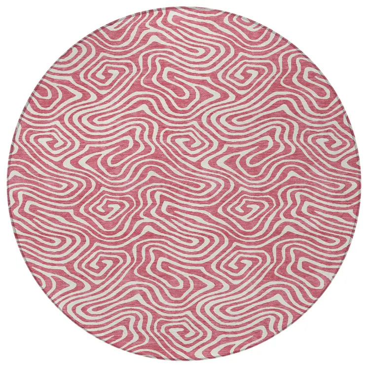 8' Blush And Ivory Round Abstract Washable Indoor Outdoor Area Rug