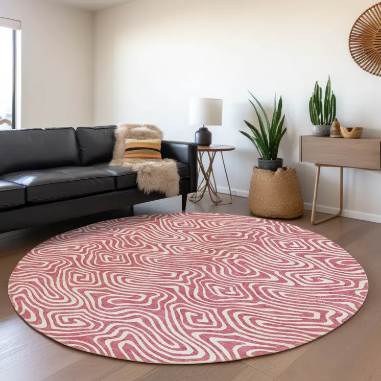 8' Blush And Ivory Round Abstract Washable Indoor Outdoor Area Rug