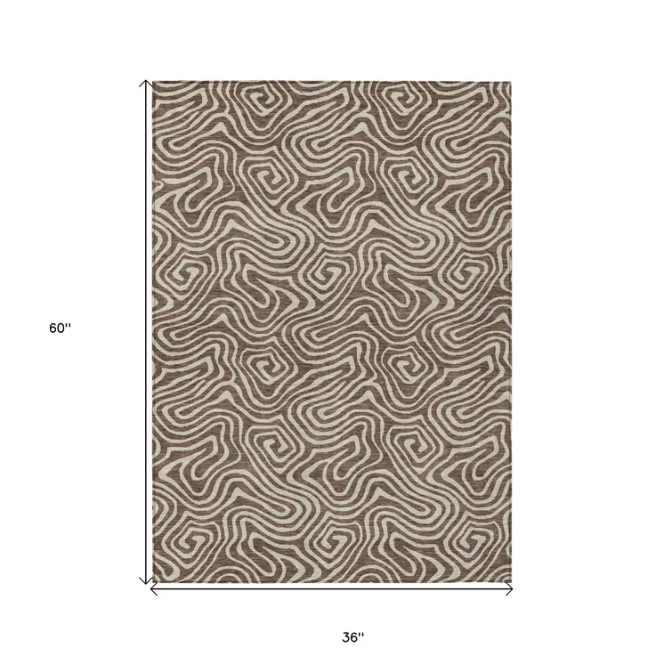 3' X 5' Brown And Beige Abstract Washable Indoor Outdoor Area Rug
