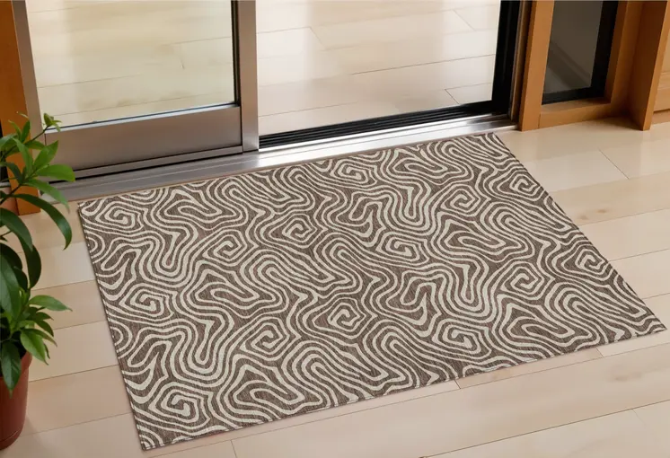 3' X 5' Brown And Beige Abstract Washable Indoor Outdoor Area Rug