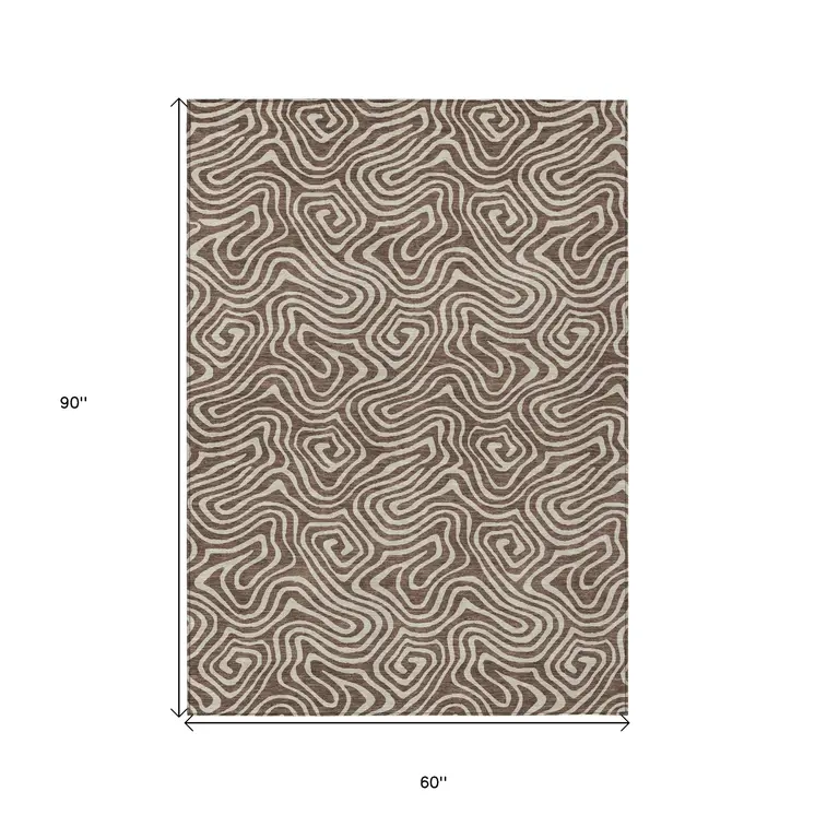 5' X 8' Brown And Beige Abstract Washable Indoor Outdoor Area Rug
