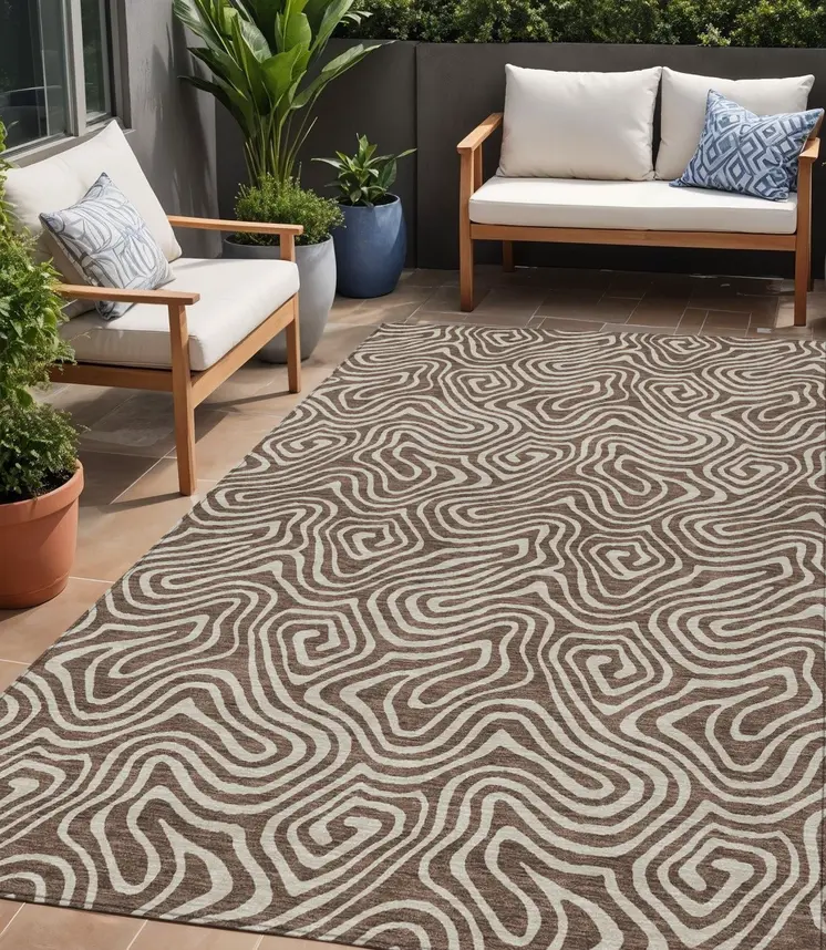 5' X 8' Brown And Beige Abstract Washable Indoor Outdoor Area Rug