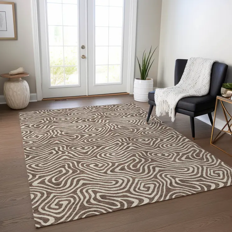 5' X 8' Brown And Beige Abstract Washable Indoor Outdoor Area Rug