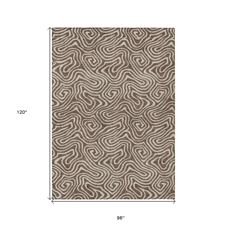 8' X 10' Brown And Beige Abstract Washable Indoor Outdoor Area Rug