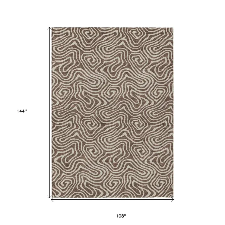 9' X 12' Brown And Beige Abstract Washable Indoor Outdoor Area Rug