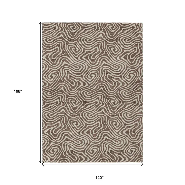 10' X 14' Brown And Beige Abstract Washable Indoor Outdoor Area Rug