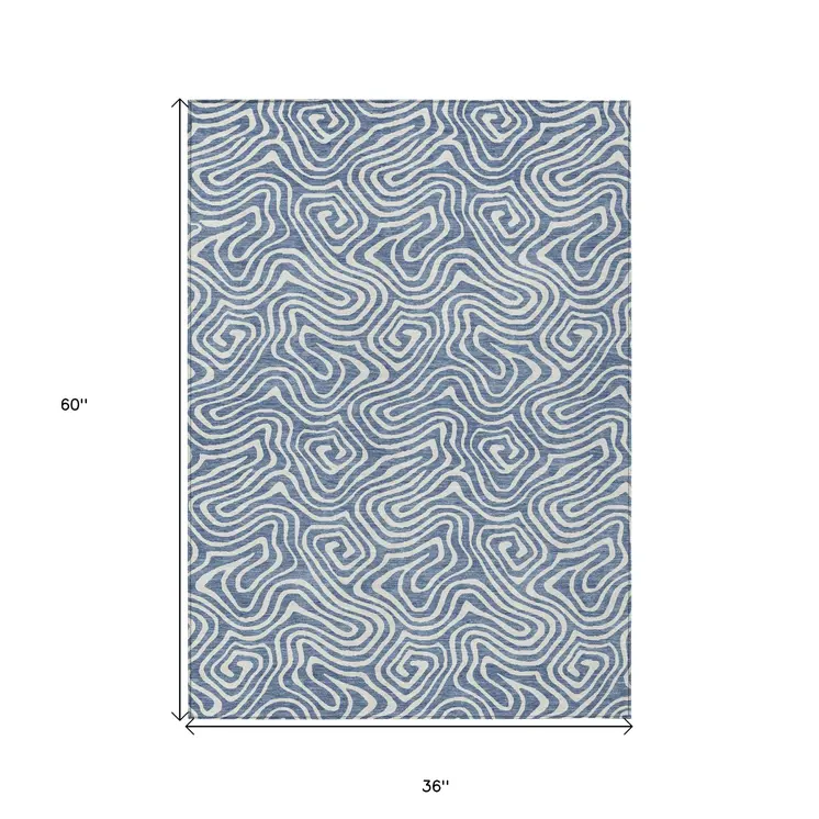 3' X 5' Denim Blue And Ivory Abstract Washable Indoor Outdoor Area Rug