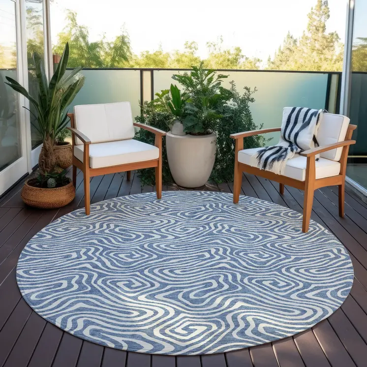 8' Denim Blue And Ivory Round Abstract Washable Indoor Outdoor Area Rug