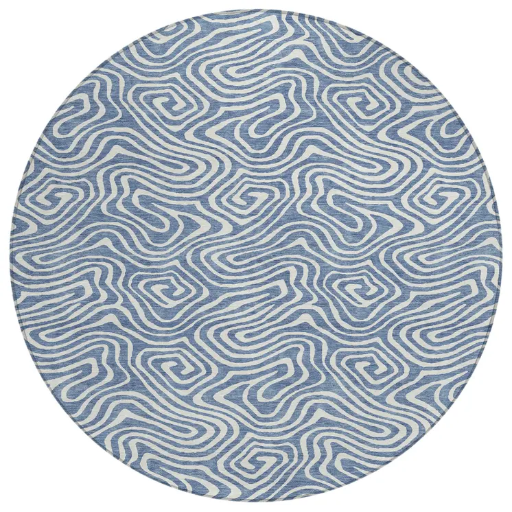 8' Denim Blue And Ivory Round Abstract Washable Indoor Outdoor Area Rug
