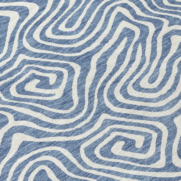 8' Denim Blue And Ivory Round Abstract Washable Indoor Outdoor Area Rug