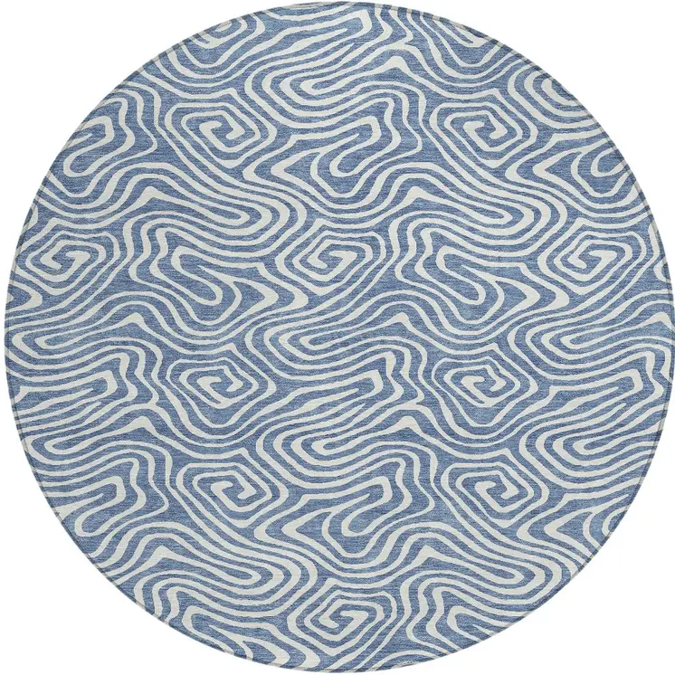 8' Denim Blue And Ivory Round Abstract Washable Indoor Outdoor Area Rug