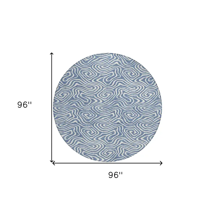 8' Denim Blue And Ivory Round Abstract Washable Indoor Outdoor Area Rug