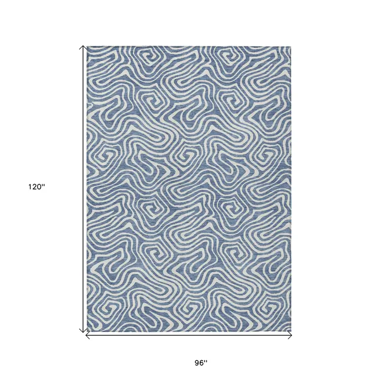 8' X 10' Denim Blue And Ivory Abstract Washable Indoor Outdoor Area Rug