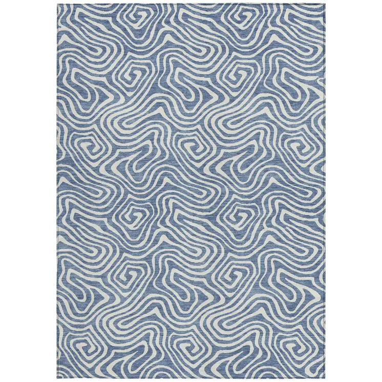 8' X 10' Denim Blue And Ivory Abstract Washable Indoor Outdoor Area Rug