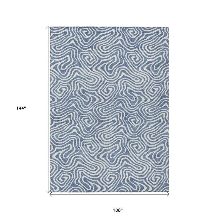 9' X 12' Denim Blue And Ivory Abstract Washable Indoor Outdoor Area Rug