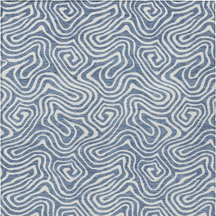 10' X 14' Denim Blue And Ivory Abstract Washable Indoor Outdoor Area Rug