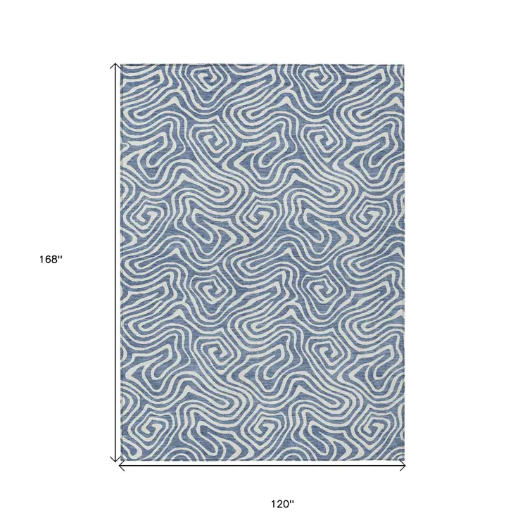 10' X 14' Denim Blue And Ivory Abstract Washable Indoor Outdoor Area Rug