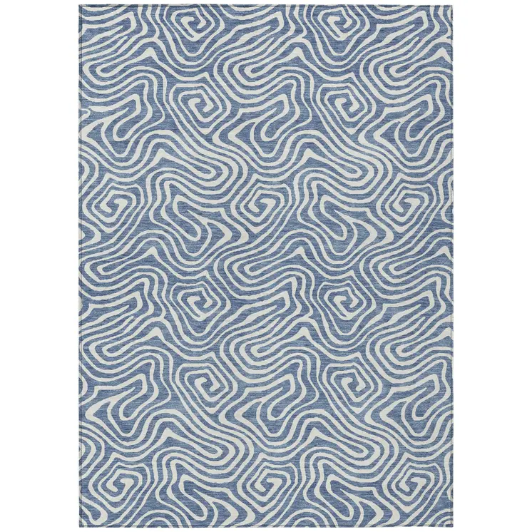 10' X 14' Denim Blue And Ivory Abstract Washable Indoor Outdoor Area Rug