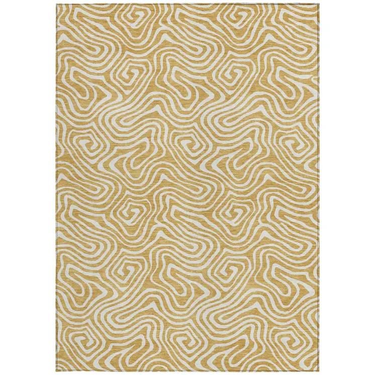 3' X 5' Gold And Ivory Abstract Washable Indoor Outdoor Area Rug