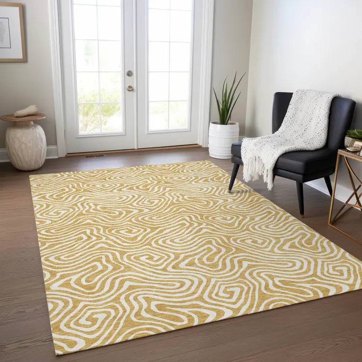 3' X 5' Gold And Ivory Abstract Washable Indoor Outdoor Area Rug