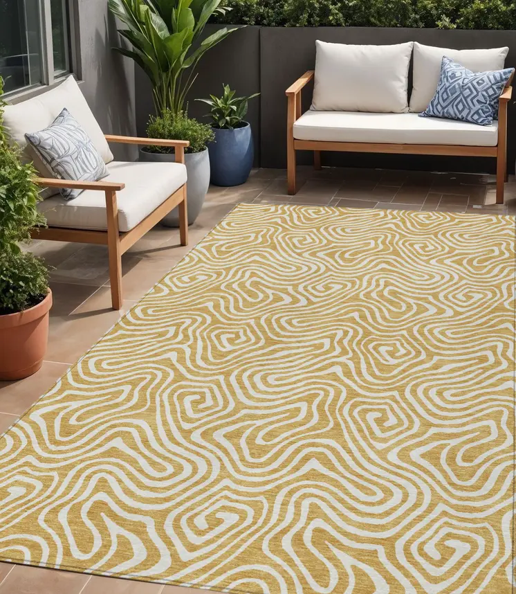 5' X 8' Gold And Ivory Abstract Washable Indoor Outdoor Area Rug