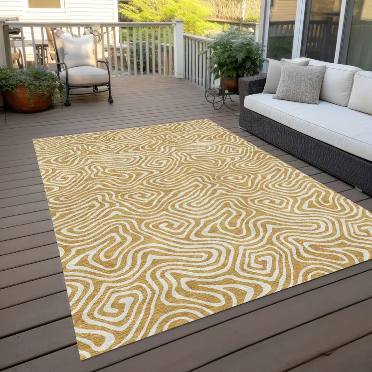 5' X 8' Gold And Ivory Abstract Washable Indoor Outdoor Area Rug