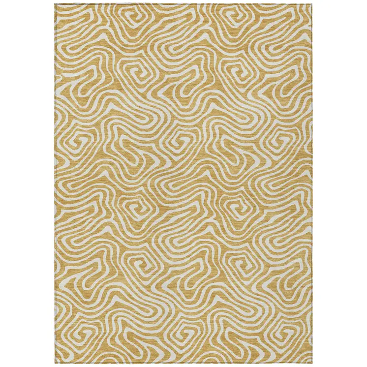 5' X 8' Gold And Ivory Abstract Washable Indoor Outdoor Area Rug