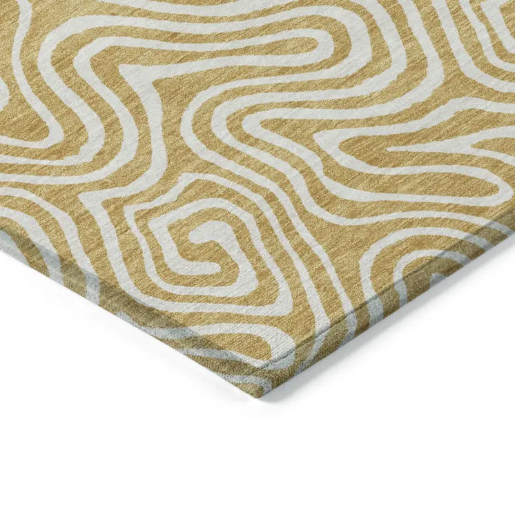 5' X 8' Gold And Ivory Abstract Washable Indoor Outdoor Area Rug