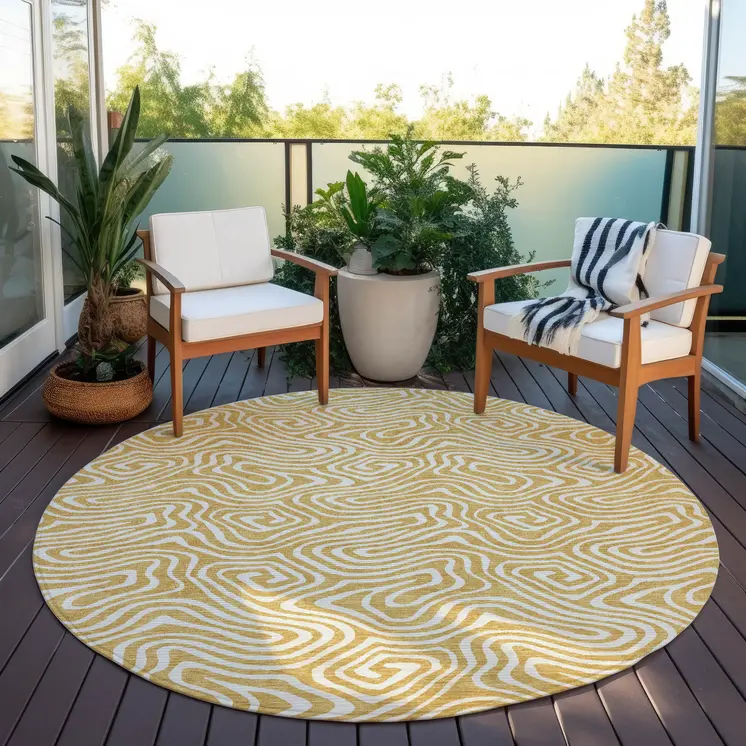 8' Gold And Ivory Round Abstract Washable Indoor Outdoor Area Rug